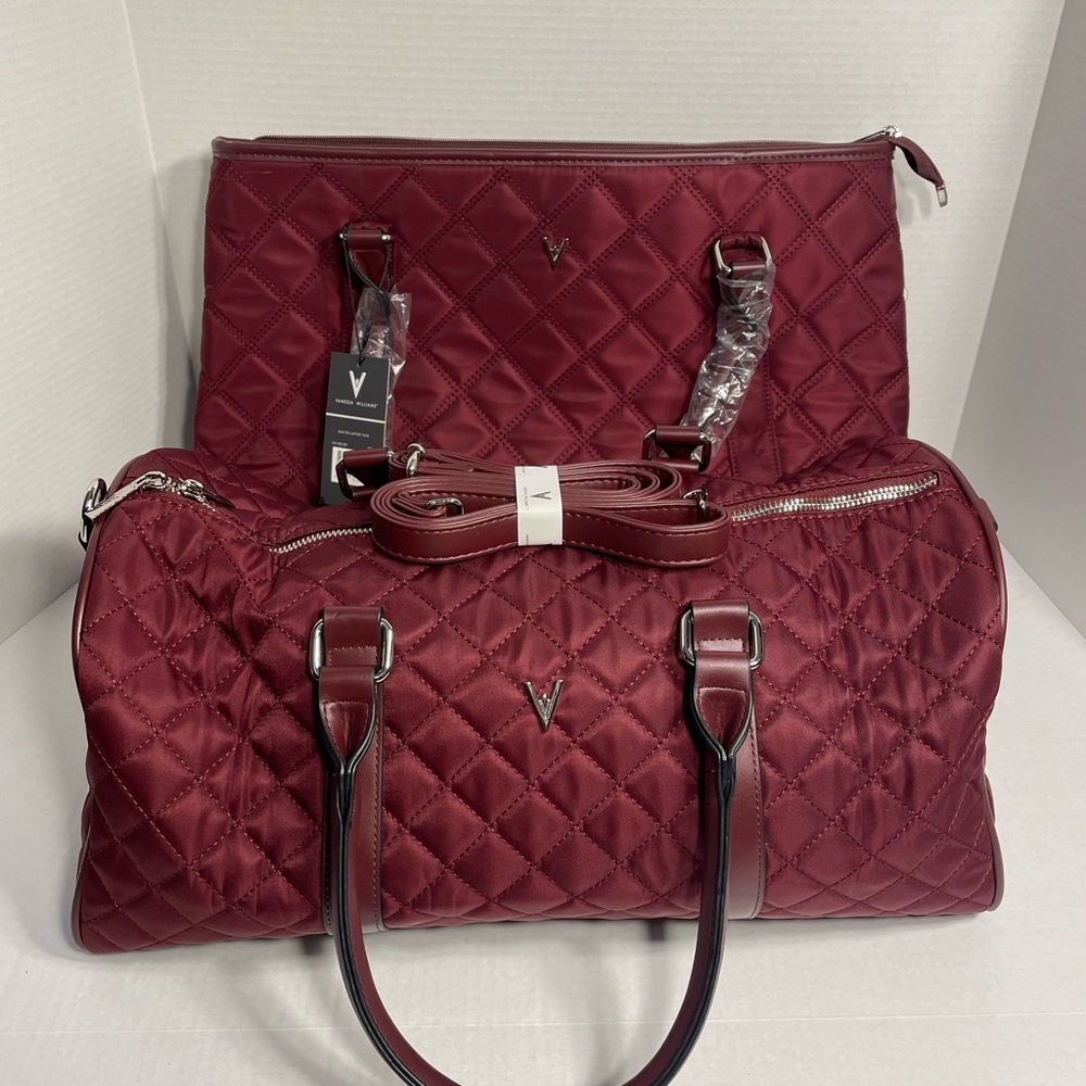 Vanessa Williams Quilted Travel bag set in Maroon Red and quilted outer shell